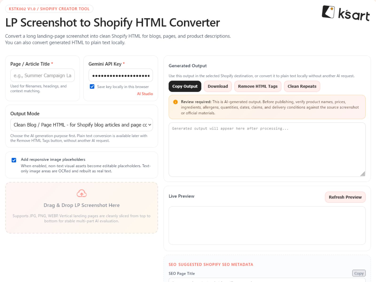 KSTK002 | LP Screenshot to Shopify HTML Converter